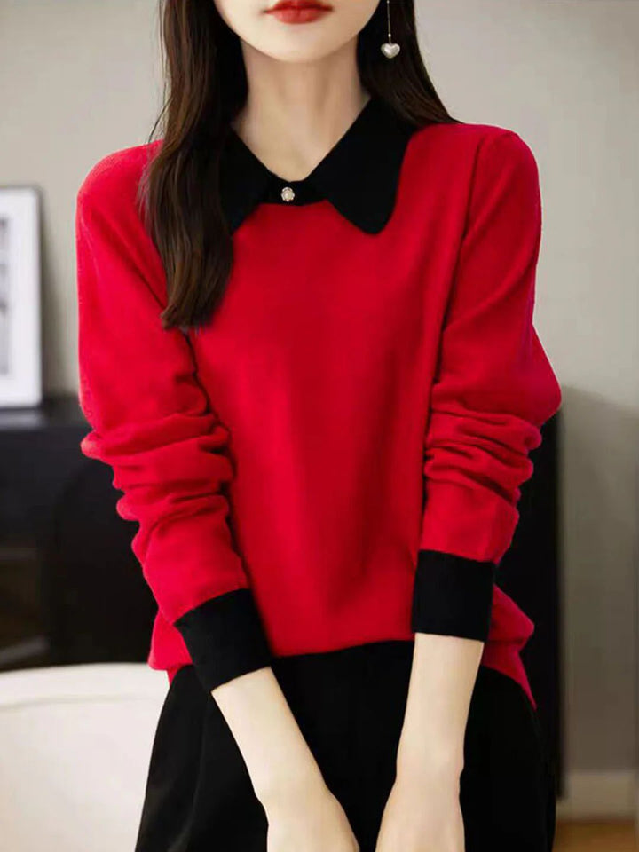 Loose Lapel Color-Blocked Knitted Top