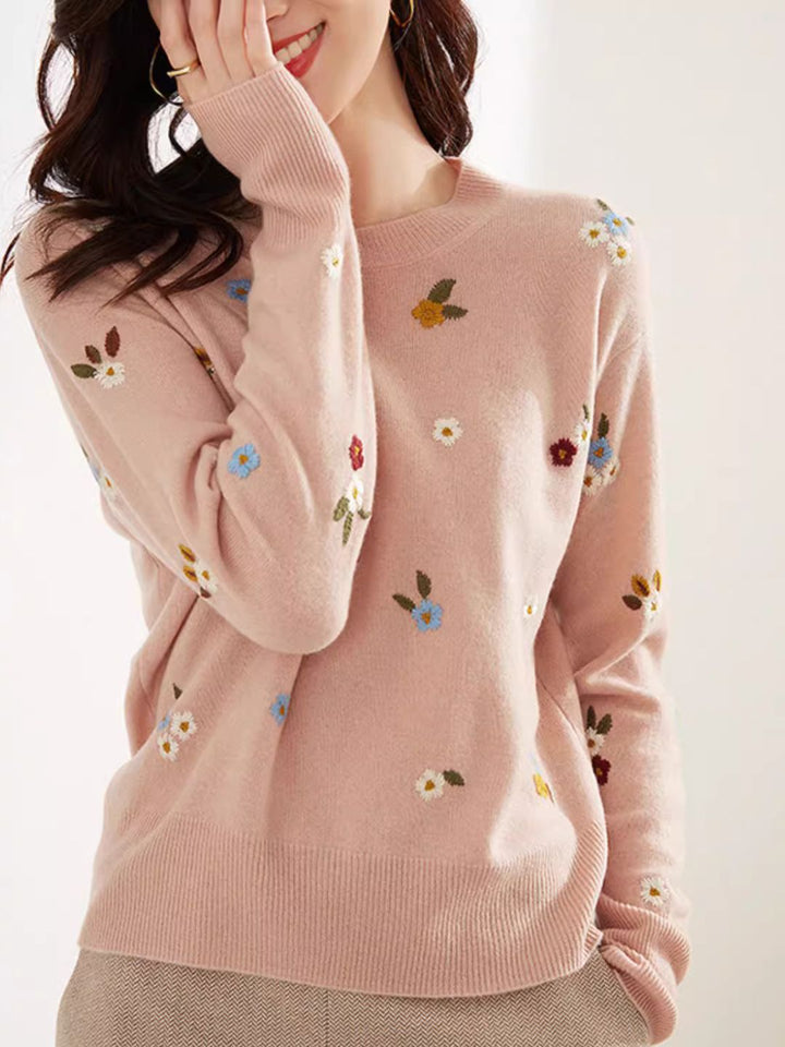 Classic Crew Neck Embroidered Sweater - Pink