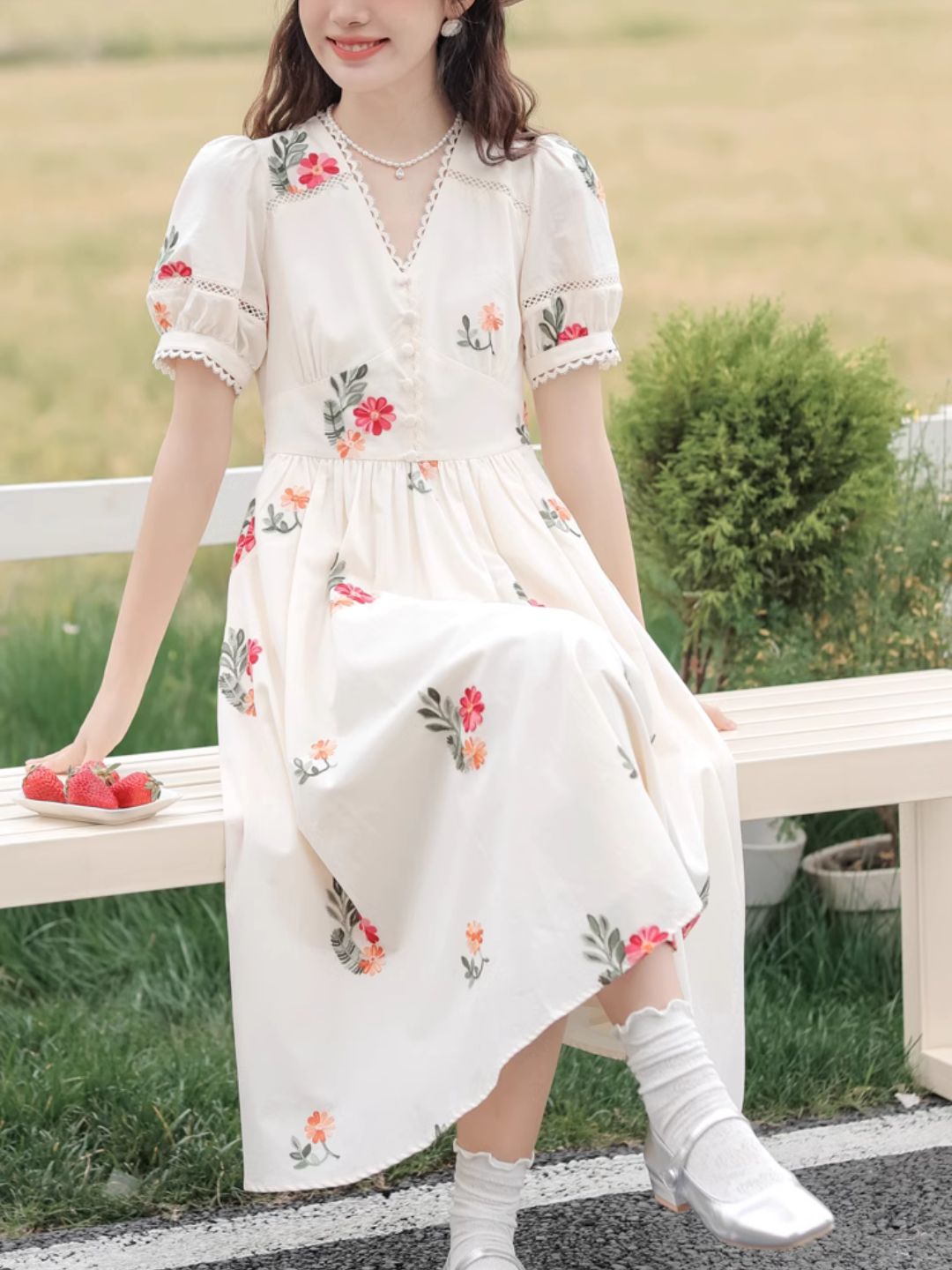 V-neck Floral Embroidered  Dress