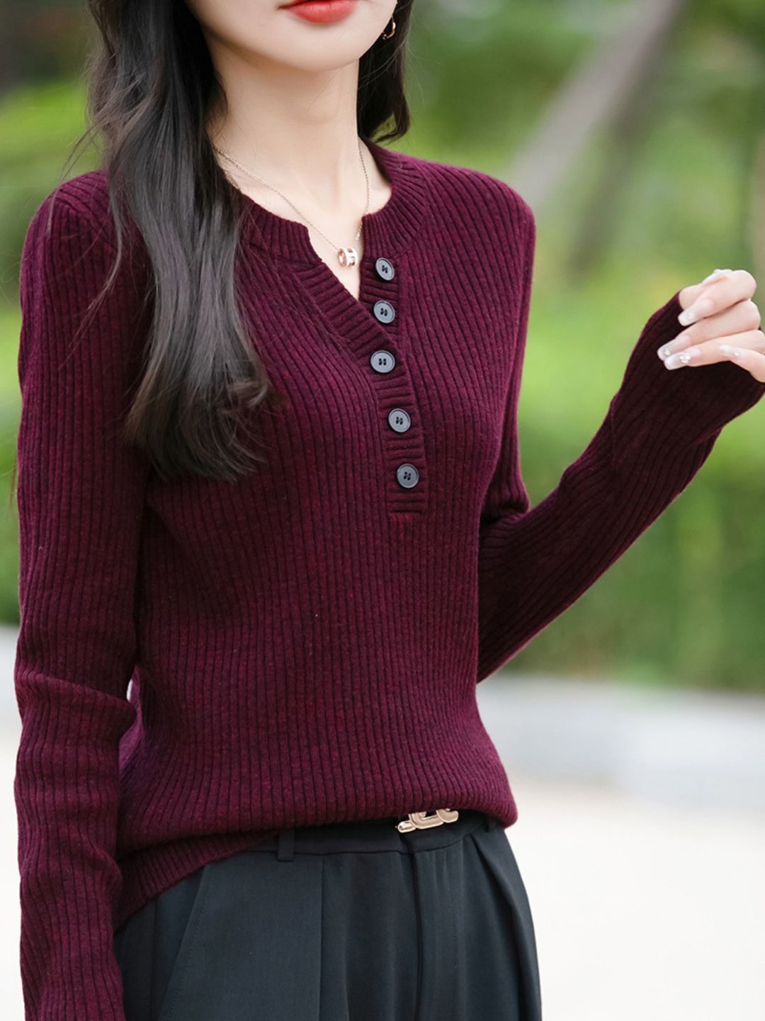 Slim Fit Half-Open V-Neck Sweater