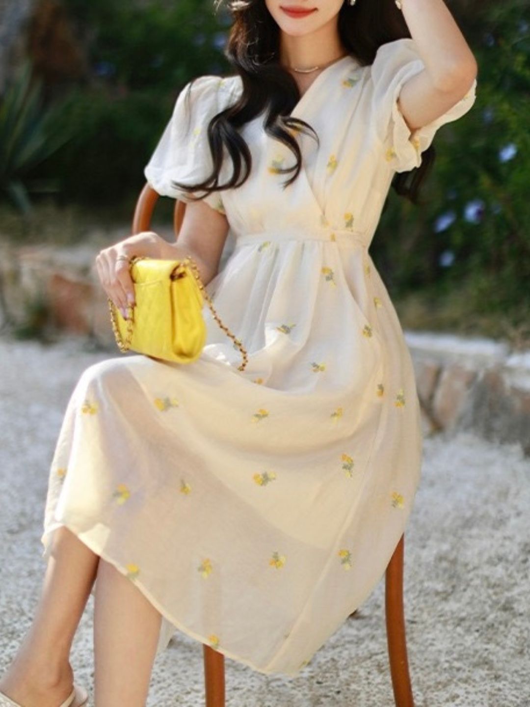 V-neck Floral Embroidered Dress