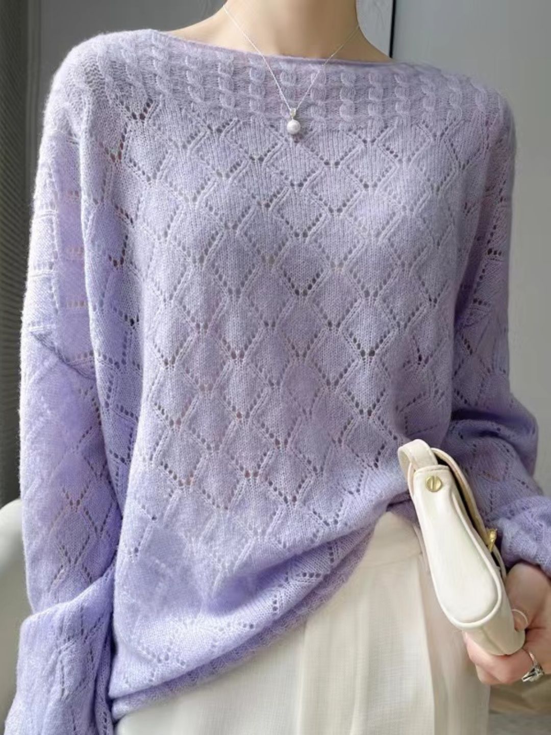 Crew Neck Pattern Hollow Knit Sweater