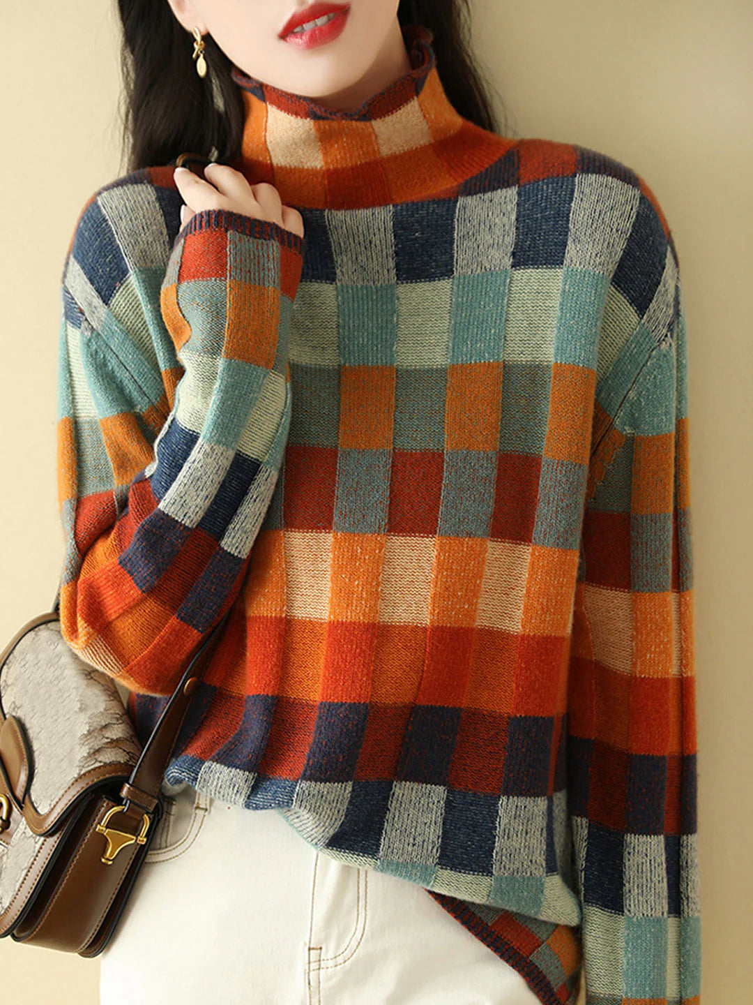 Loose Turtleneck Plaid Knitted Sweater