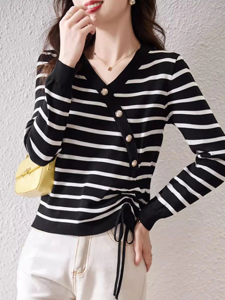 V-Neck Drawstring Striped Knitted Top