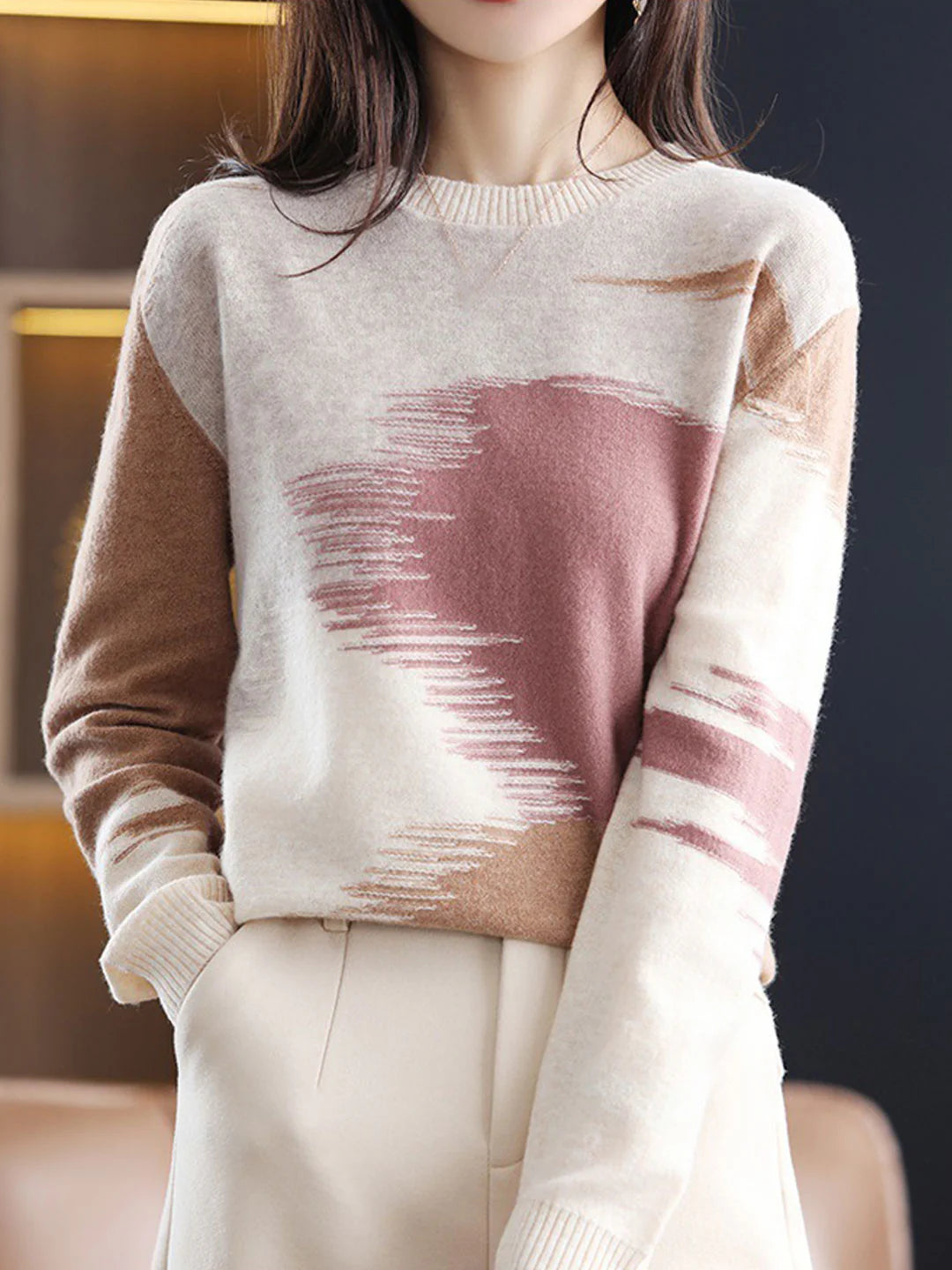 Loose Crew Neck Contrast Knitted Sweater