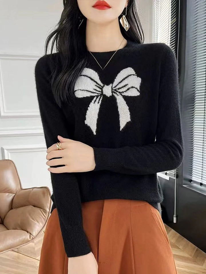 Loose Crew Neck Bow Jacquard Knitted Top