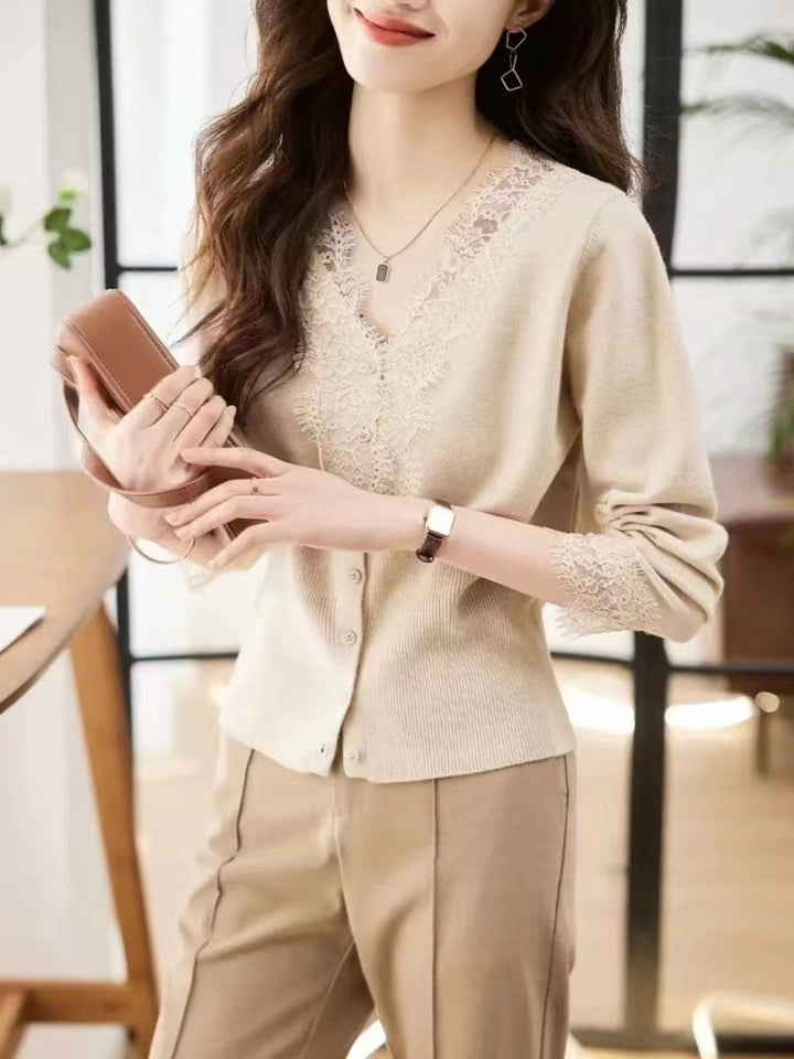 Lace Panel Knitted Cardigan - Apricot