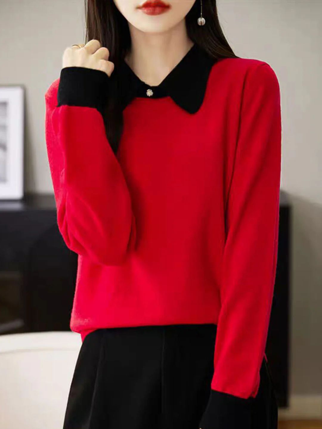 Loose Lapel Color-Blocked Knitted Top