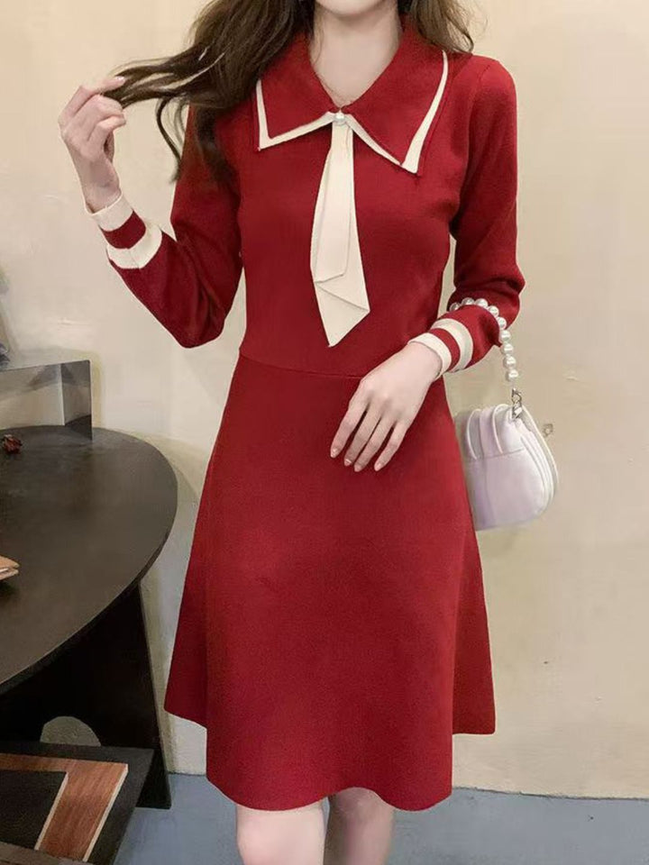 Classic Lapel Solid Knit Dress