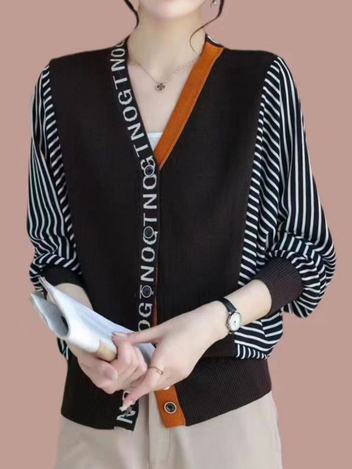 Casual V-Neck Striped Knitted Cardigan