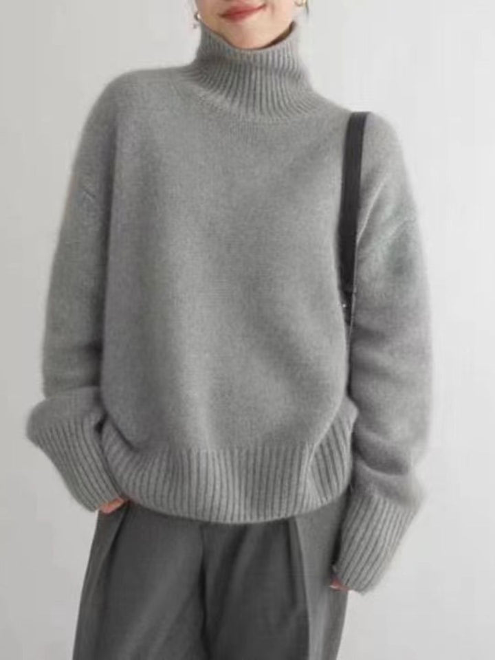 Turtleneck Solid Color Knitted Top -  Grey