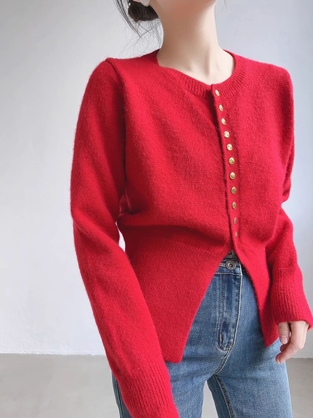 Crew Neck Solid Color Button Knitted Top