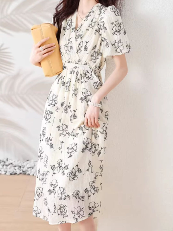 V-neck Printed Chiffon Dress