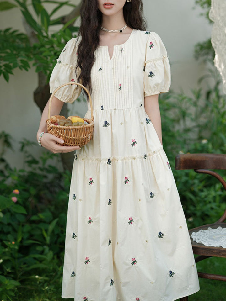 Puff Sleeve Embroidered Flower Dress