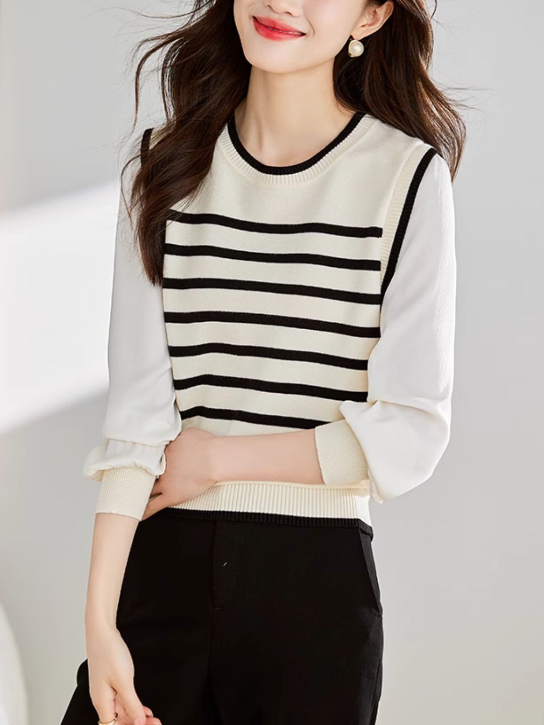 Long Sleeve Fake Two-Piece Striped Knit Top