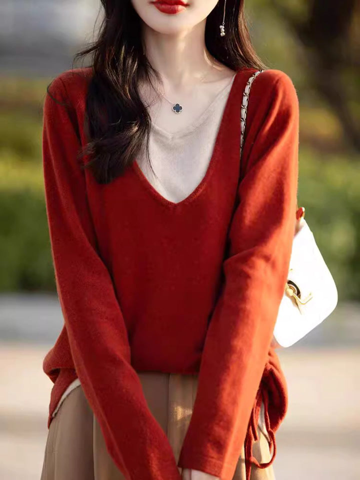 Temperament V-neck Drawstring Sweater - Red