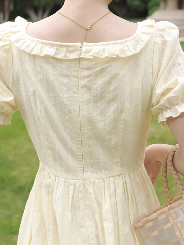 Square Neck Palace Style Puff Sleeve Dress -Yellow