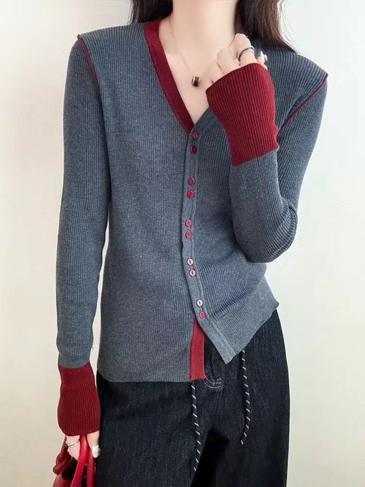 Colorblock V-neck Long-sleeved Knitted Cardigan