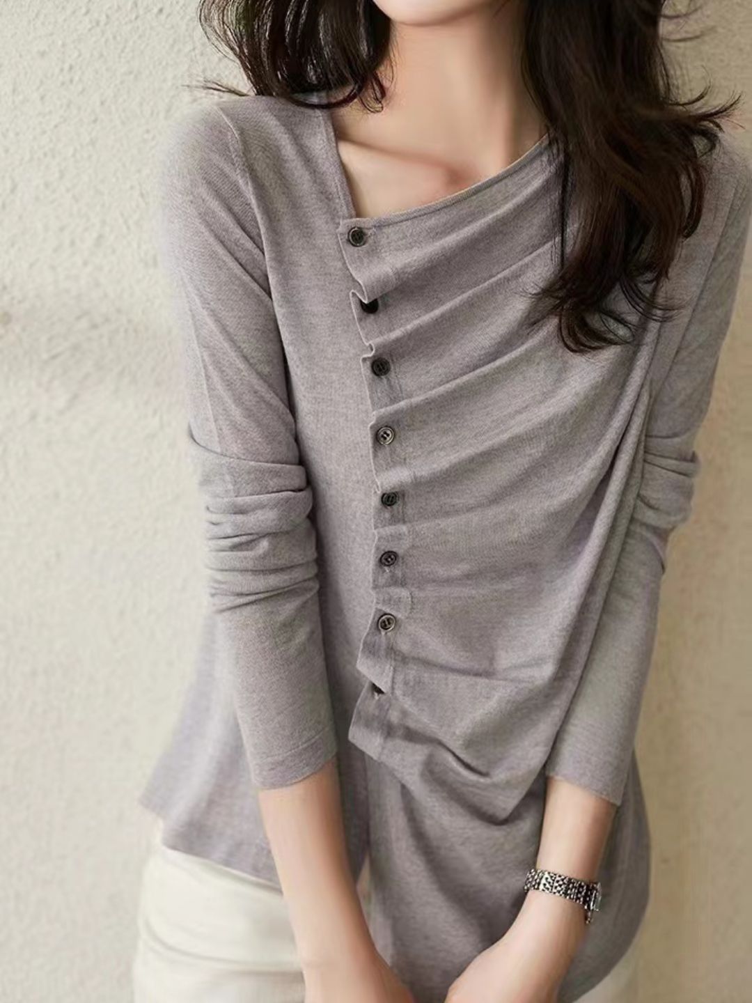 Asymmetric Pleated Buttoned Sweater