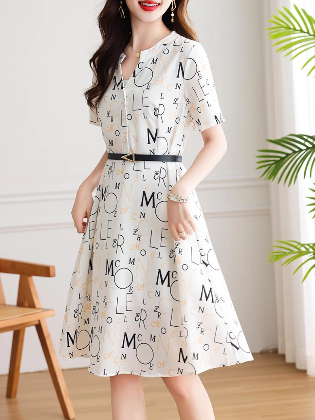 Letter V-neck Chiffon Dress