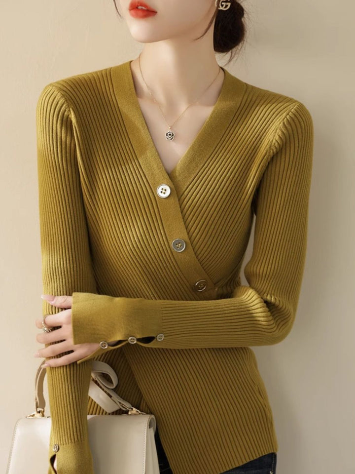 V-neck Cross Button Slit Sweater