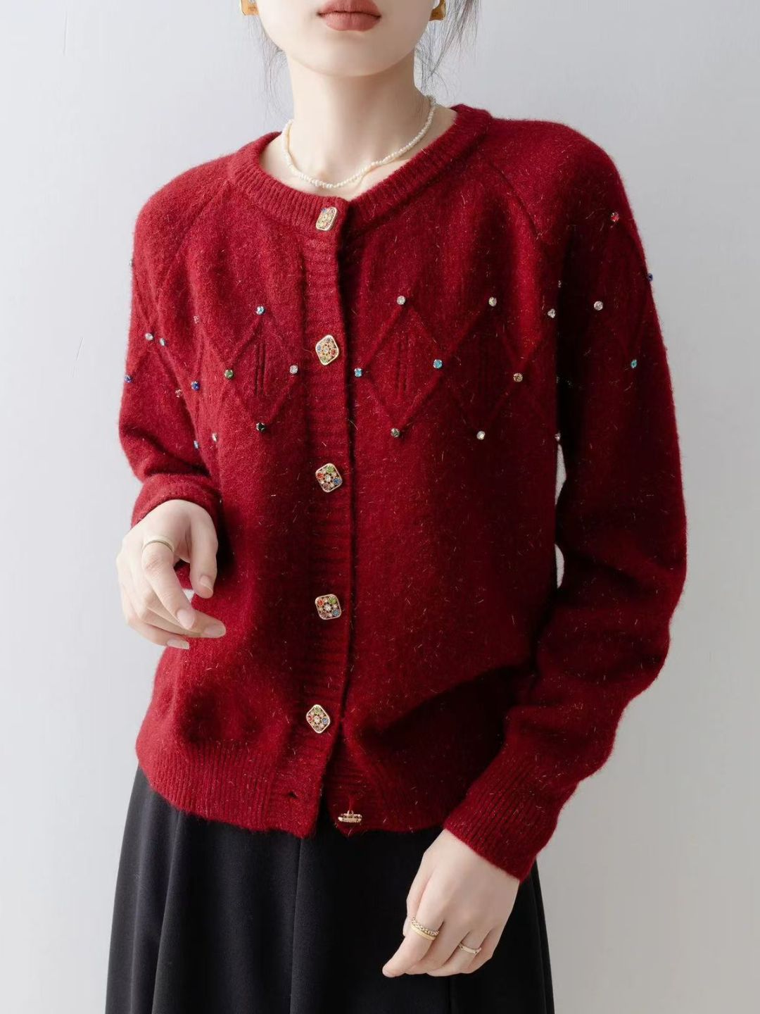 Crew Neck Beaded Knit Cardigan