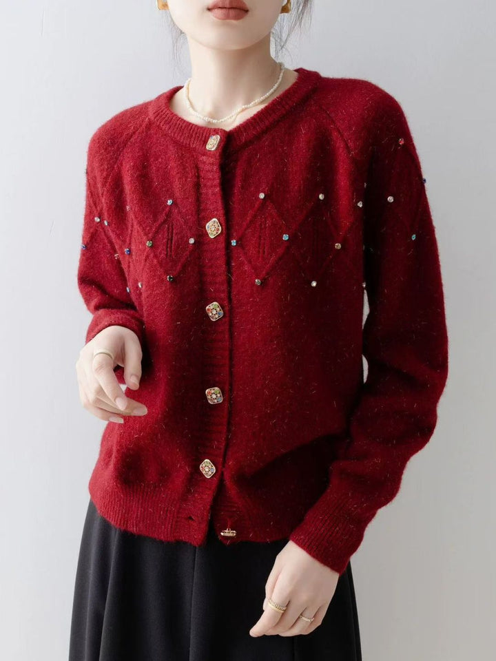 Crew Neck Beaded Knit Cardigan