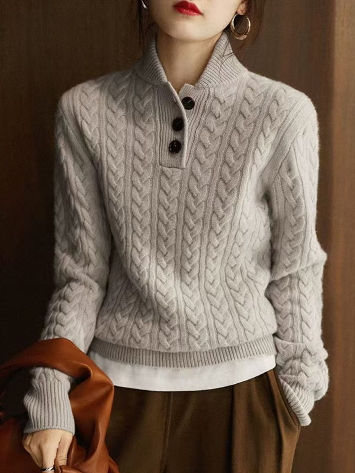 Solid Color Stand Collar Button Sweater