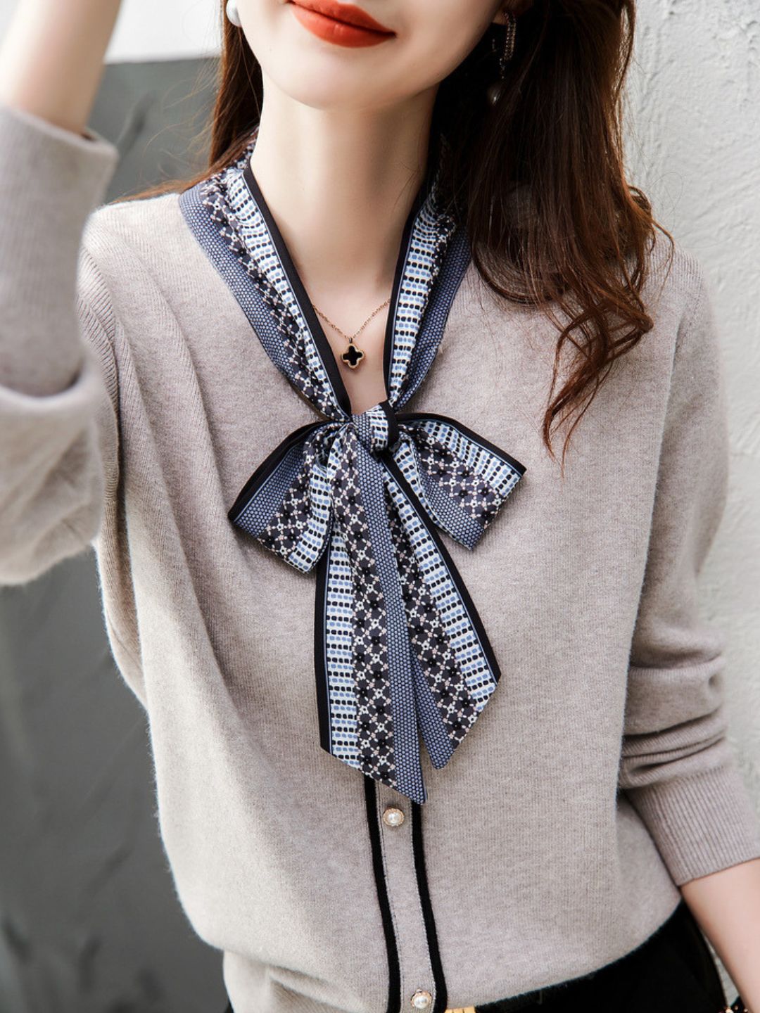 Bowknot Ribbon Knit Sweater Spliced Top