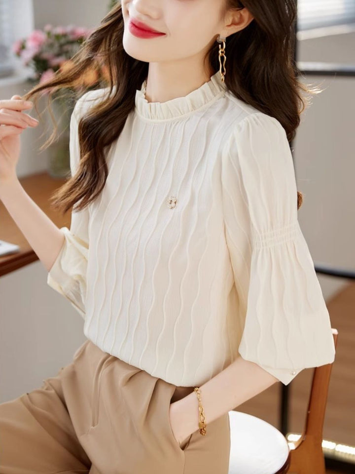 Wavy Textured Stand Collar Top