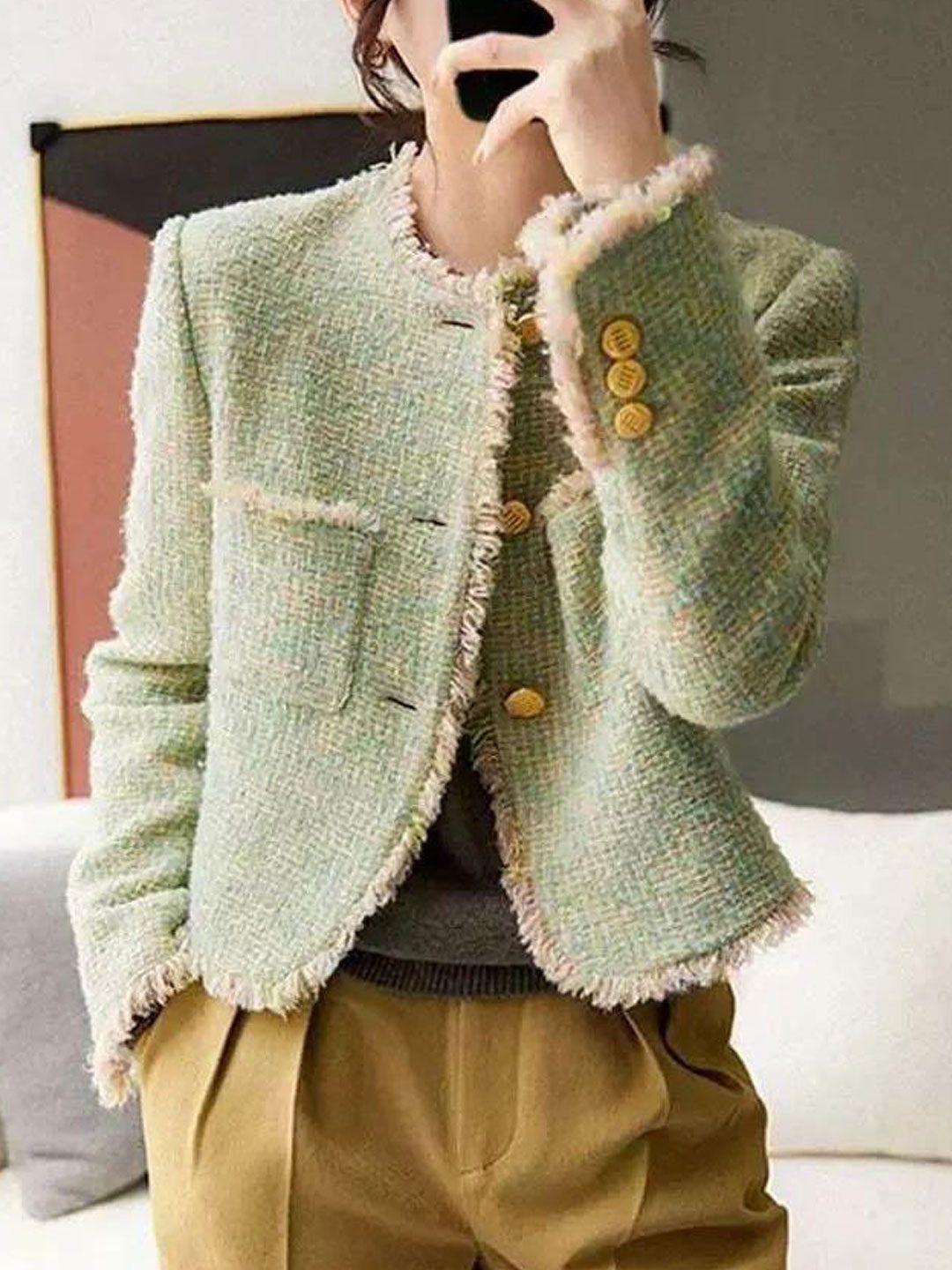 Elegant Crew Neck Tweed Jacket