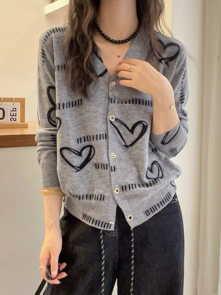 Casual V-neck Heart Knitted Cardigan Sweater