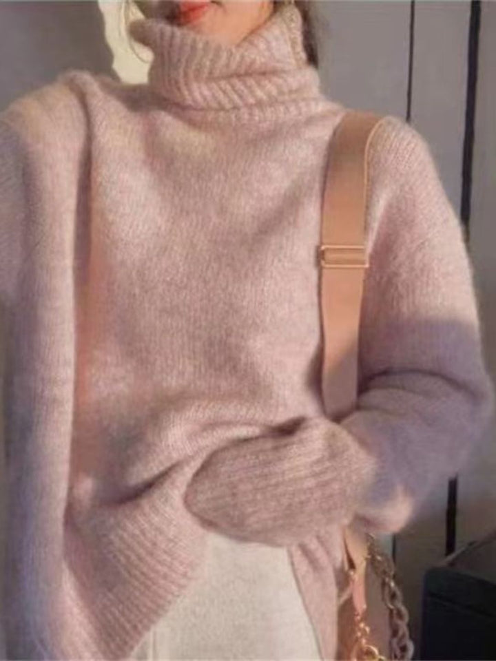 Turtleneck Solid Color Knitted Top -  Grey