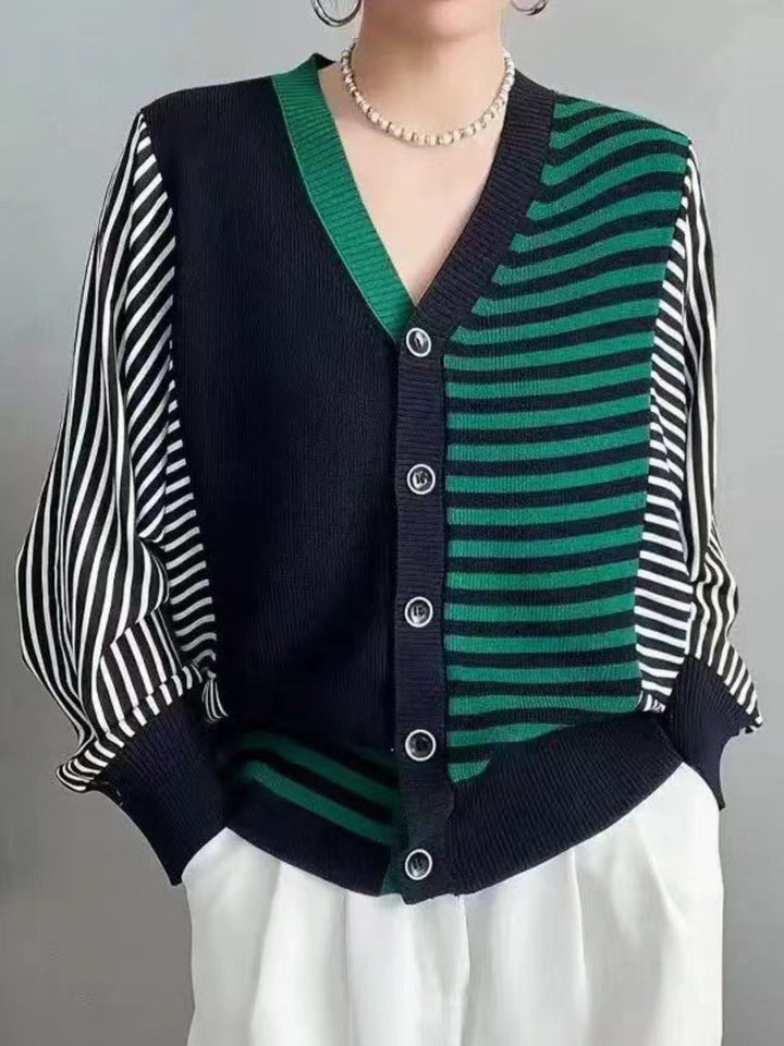 Casual V-Neck Striped Knitted Cardigan