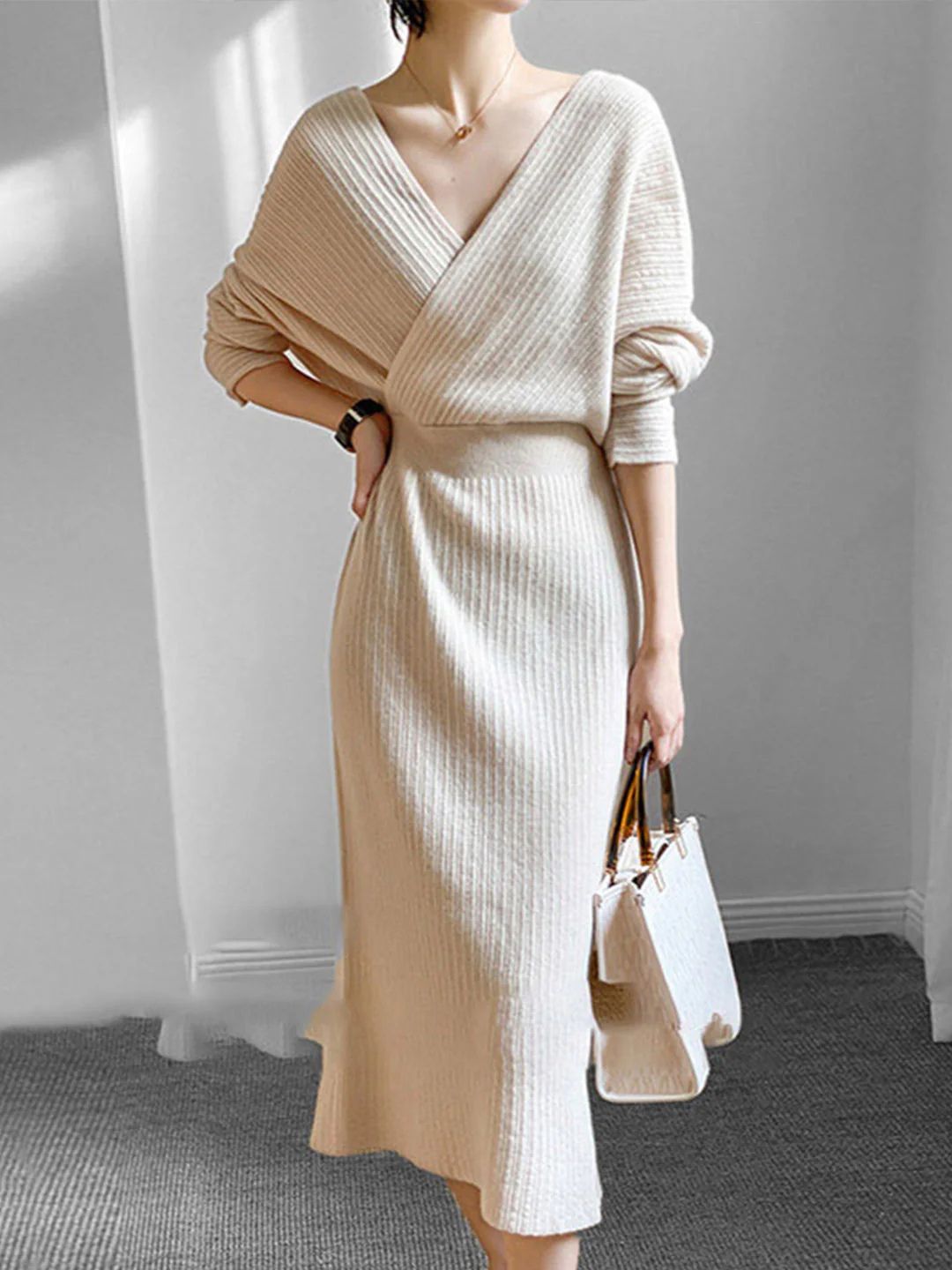 Vintage V-neck Knitted Sweater Dress - Coffee