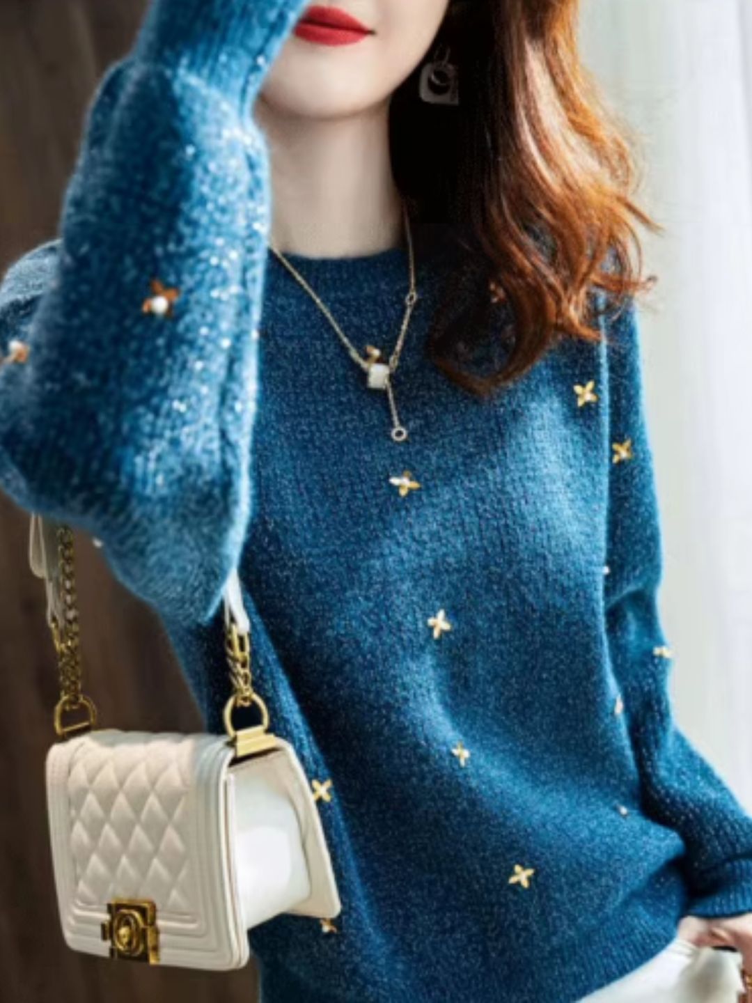 Peacock Blue Sequin Beaded Sweater