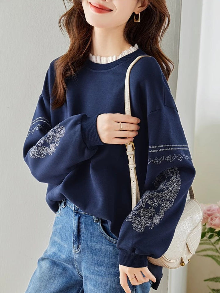 Lace Panel Embroidered Crew Neck Top