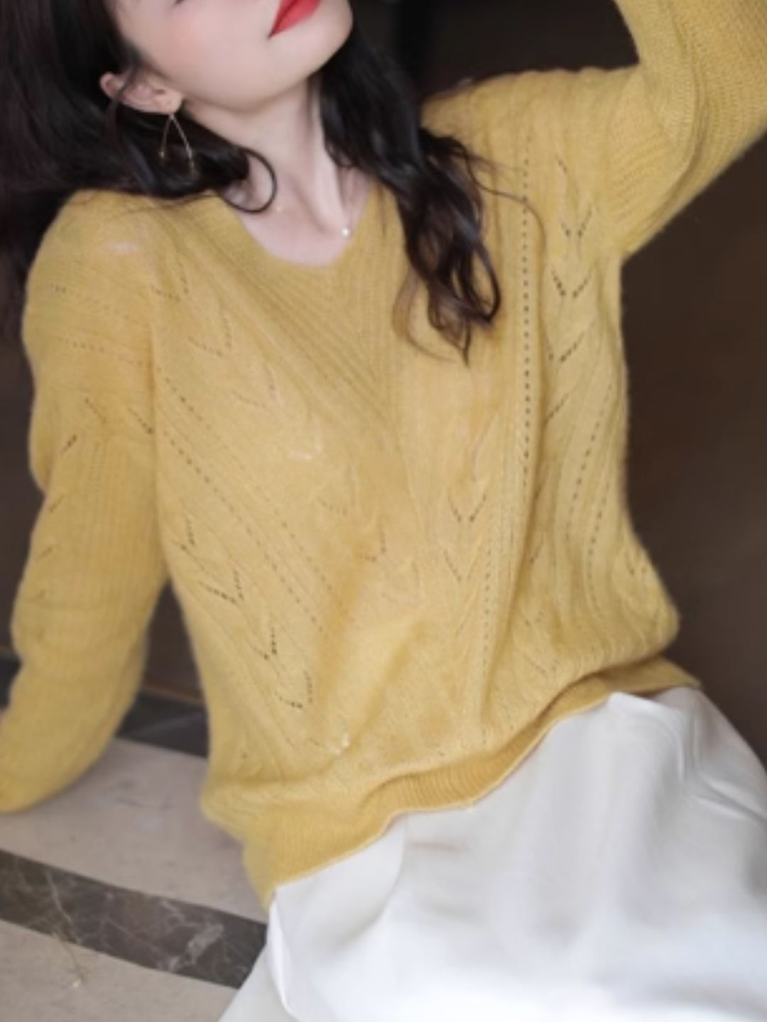 V-neck Hollow Knit Sweater