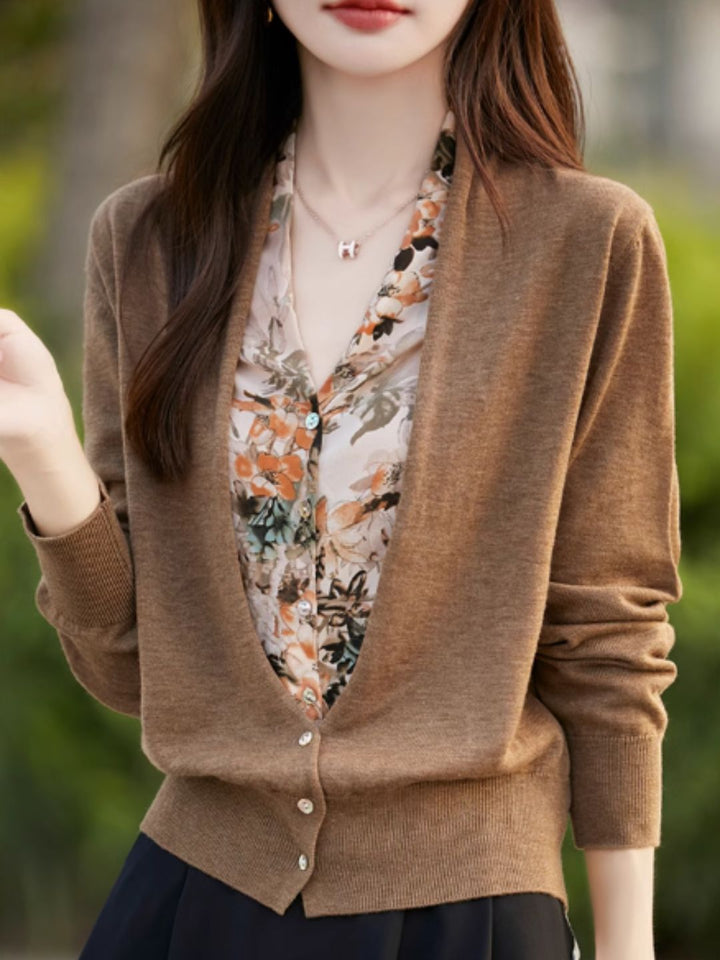 Casual V-Neck Printed Knitted Cardigan