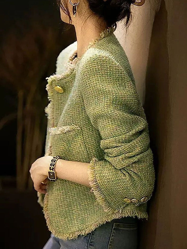 Elegant Crew Neck Tweed Jacket