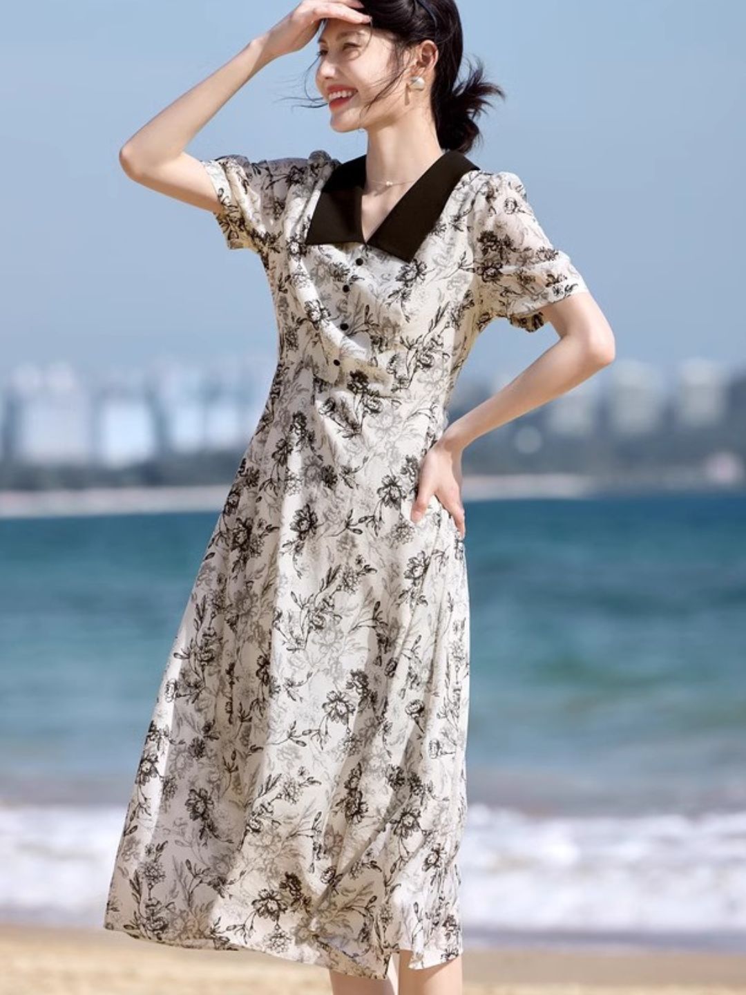 Lapel Floral Printed Chiffon Dress