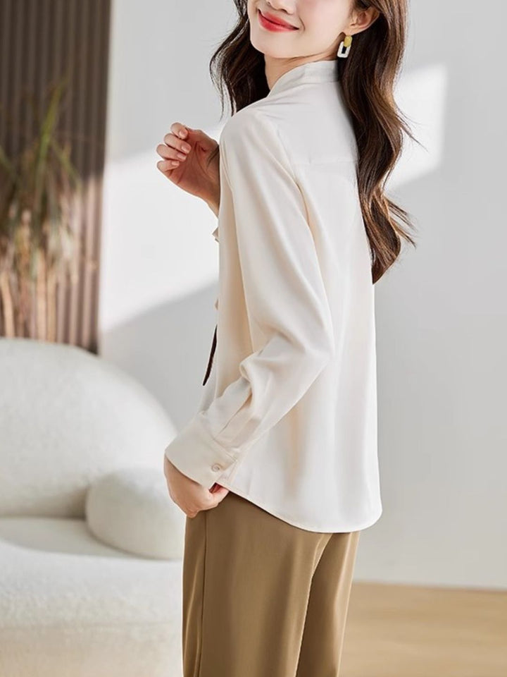 French Ribbon Bow Long Sleeve Chiffon Top - White