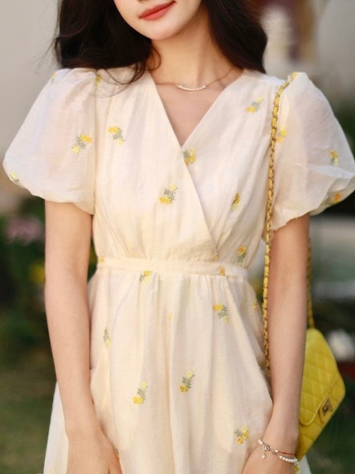 V-neck Floral Embroidered Dress