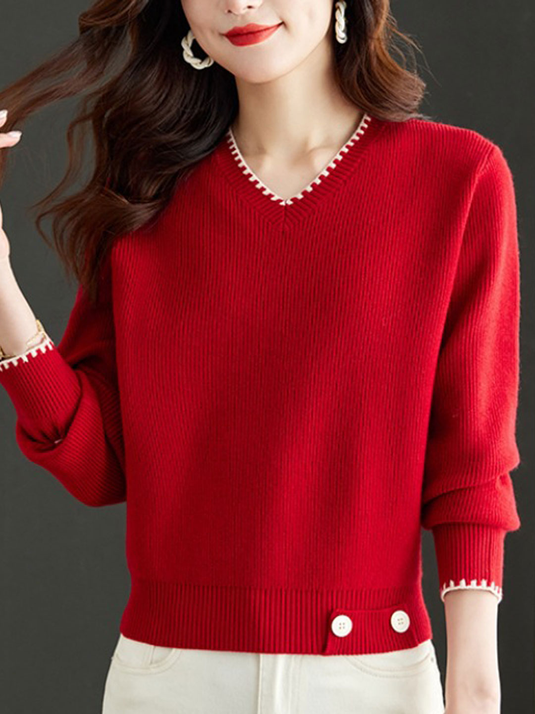 V-Neck Solid Color Knitted Sweater