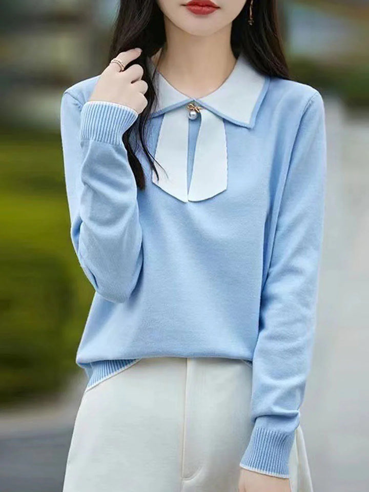 Doll Collar Bow Colorblock Knitted Top - Blue