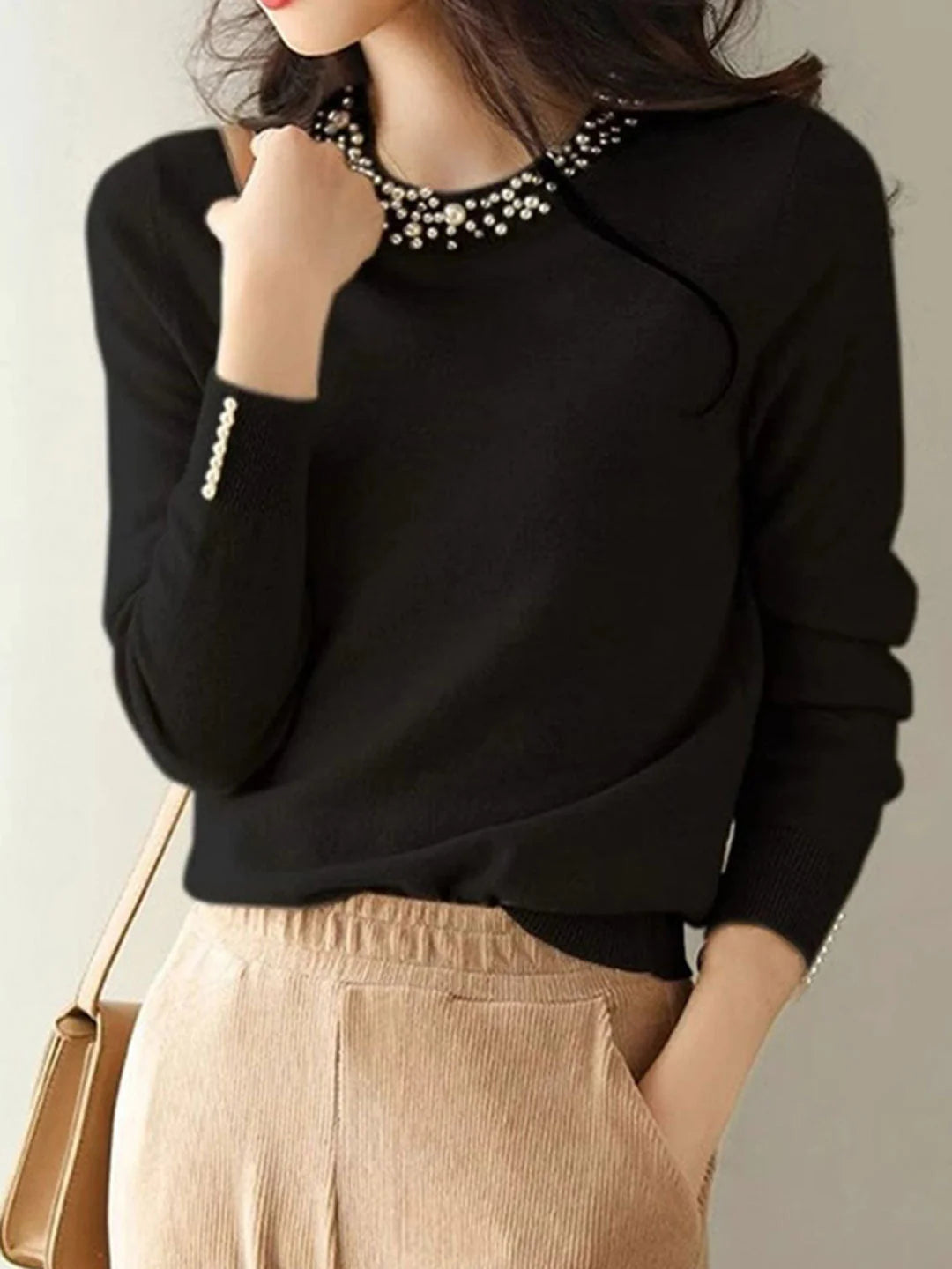 Elegant Beaded Pullover Knitted Top - Apricot