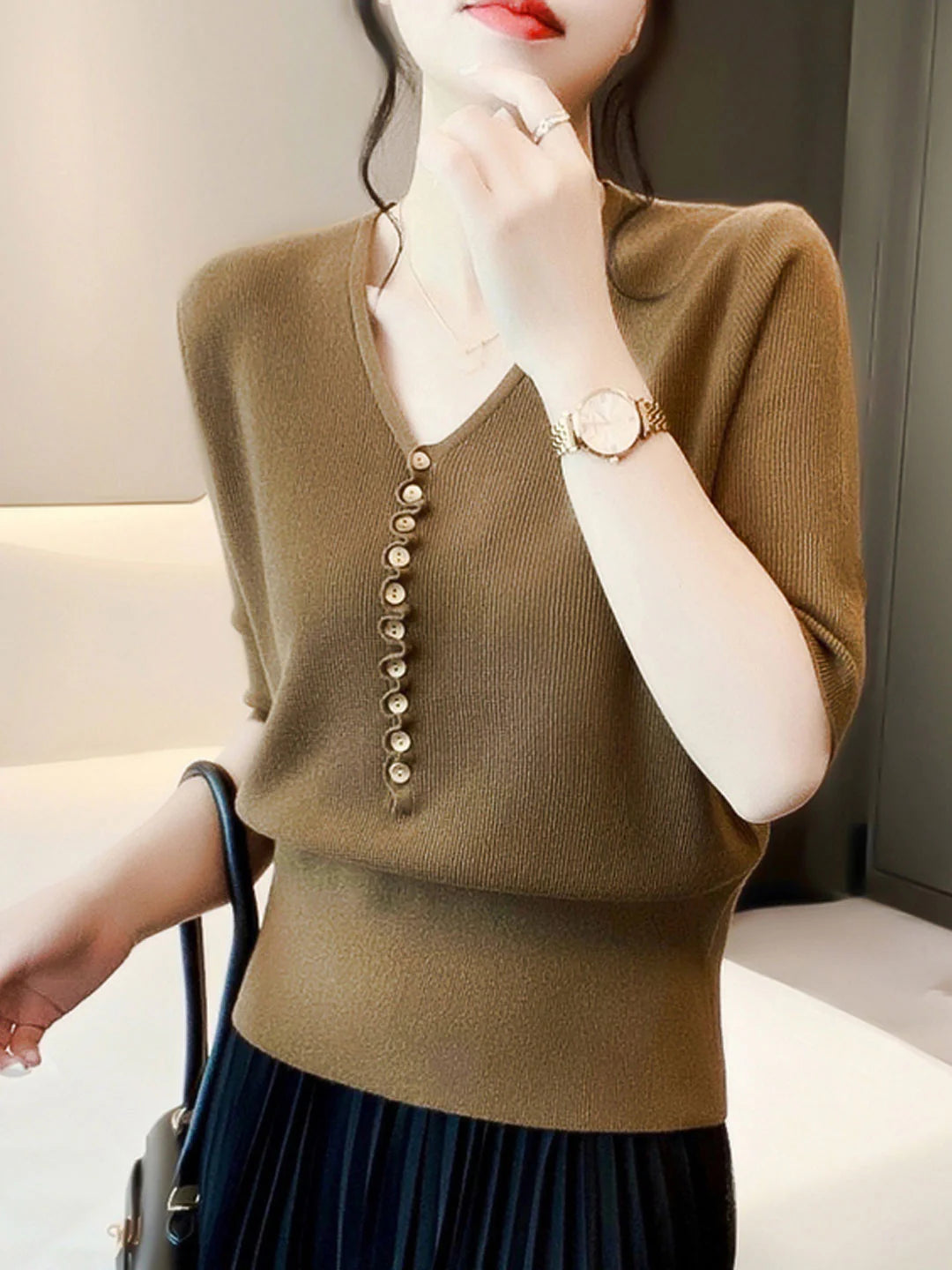 Loose V-Neck Button Knitted Top - Green