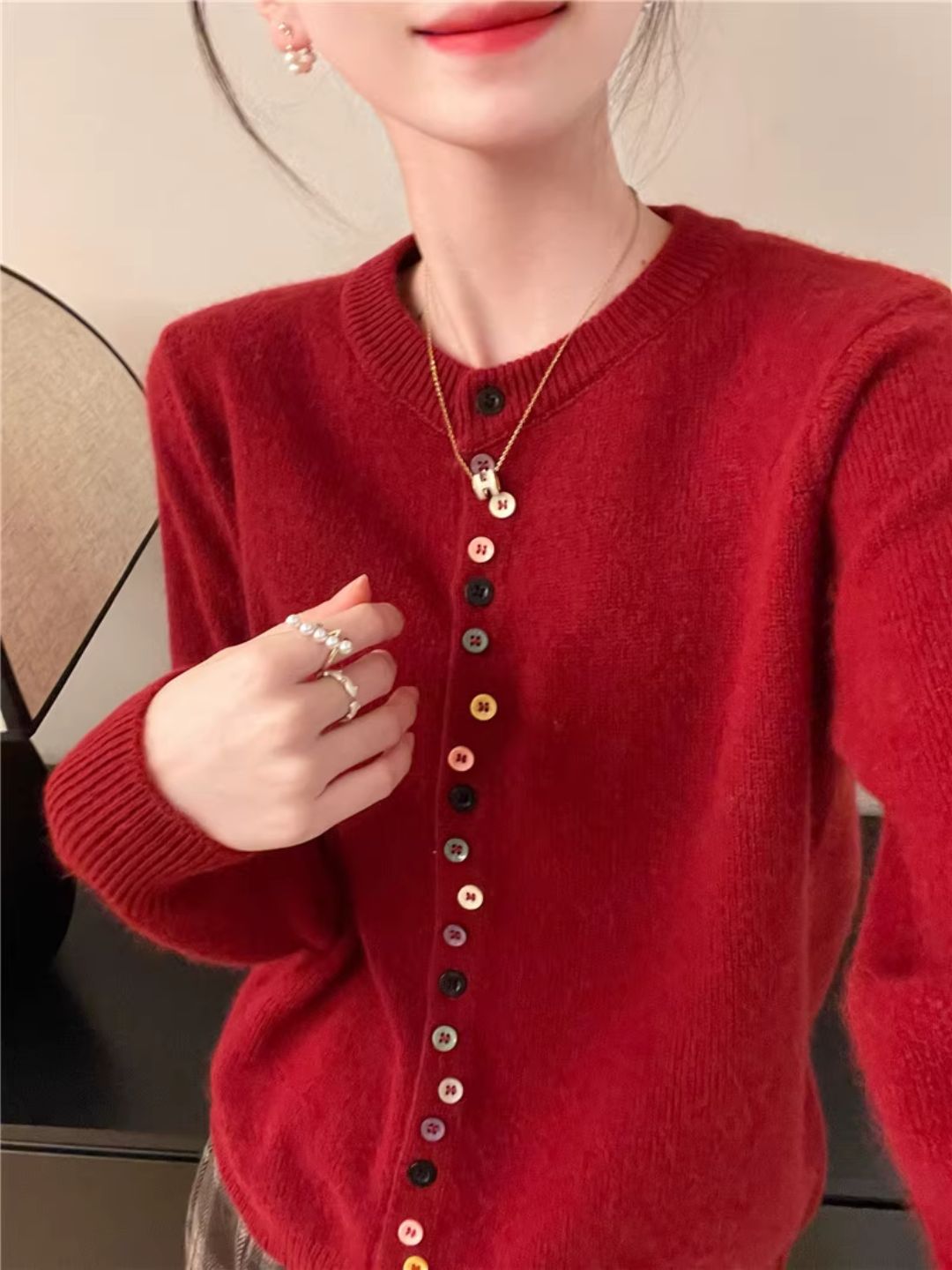 Classic Crew Neck Colorful Button Knit Cardigan