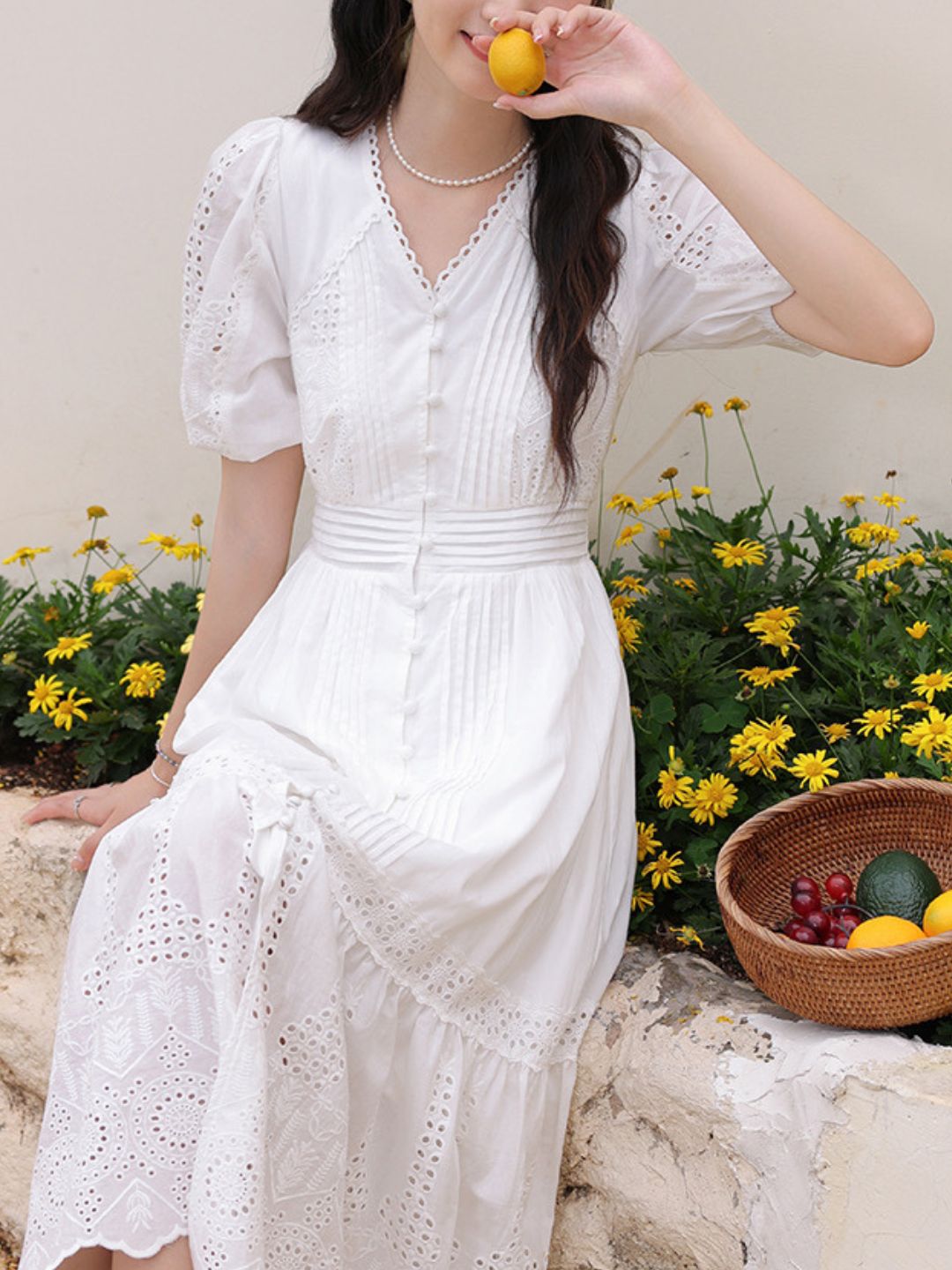 V-neck Lace Puff Sleeve Midi Dress