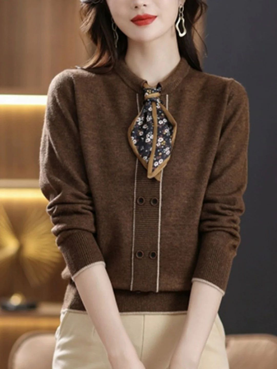 Classic Solid Color Bow Scarf Knitted Sweater